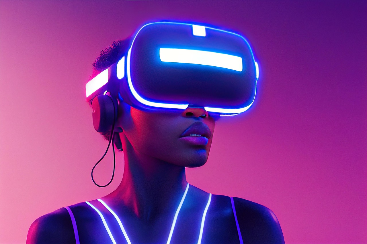 xr, mr, mixed reality, virtual reality, metaverse, augmented reality, african american, female, woman, lady, girl, black, america, pink, purple, blue, neon, lighting